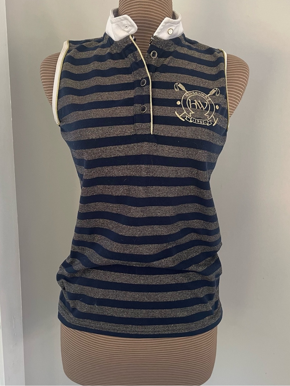 Horseware Ireland Sleeveless Striped Polo Tank Top - Navy & Gold metallic